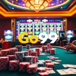 Engaging scene at nhà cái Go99 casino with poker chips, cards, and thrilling gaming atmosphere.