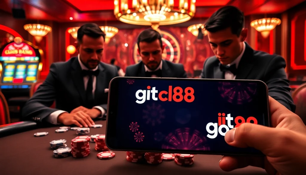 A thrilling casino scene showcasing players engaged in poker at hit club go88, with vibrant slot machines and a roulette wheel in action.