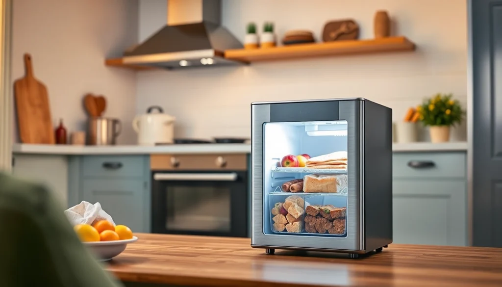 Mini freezer displayed in a stylish kitchen, showcasing its compact design and storage features.