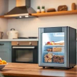 Mini freezer displayed in a stylish kitchen, showcasing its compact design and storage features.