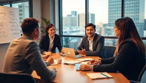 Engaging with a business coach los Angeles in a dynamic conference room setting.