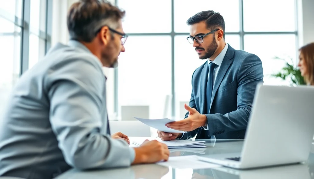 Experienced eminent domain lawyer providing legal consultation to clients in a professional office setting.