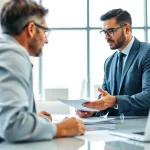Experienced eminent domain lawyer providing legal consultation to clients in a professional office setting.