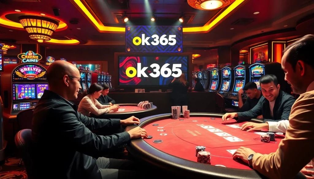 Experience the thrill of high-stakes poker at OK 365 casino with vibrant slot machines and professional dealers.