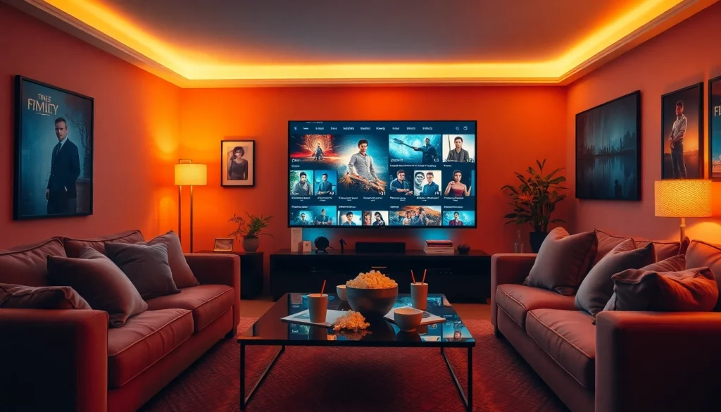 Enjoy movies online in a cozy living room with a large TV and film decor.