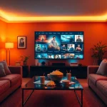 Enjoy movies online in a cozy living room with a large TV and film decor.
