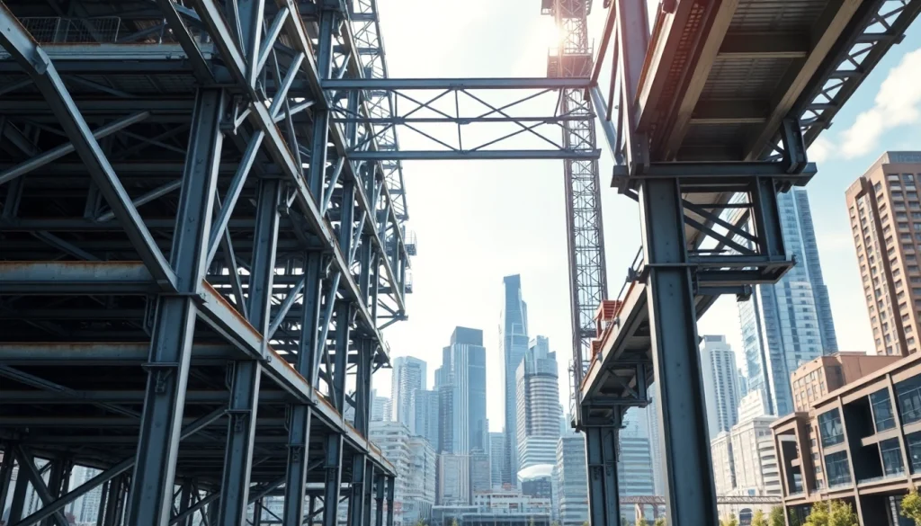 Explore the intricate details of steel structure design within a modern urban setting.