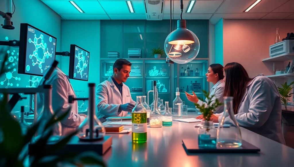 WIN55 synthetic cannabinoid research in a modern lab setting with researchers and equipment.