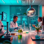 WIN55 synthetic cannabinoid research in a modern lab setting with researchers and equipment.