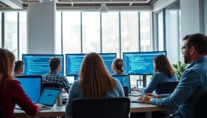 Engaged team reviewing software quality assurance solutions at https://xqa.ca in a vibrant office.