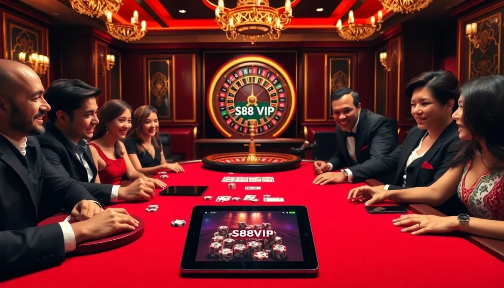 S88VIP players celebrating a win at a luxurious poker table in a vibrant casino setting.