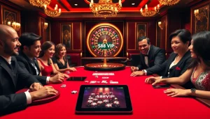 S88VIP players celebrating a win at a luxurious poker table in a vibrant casino setting.