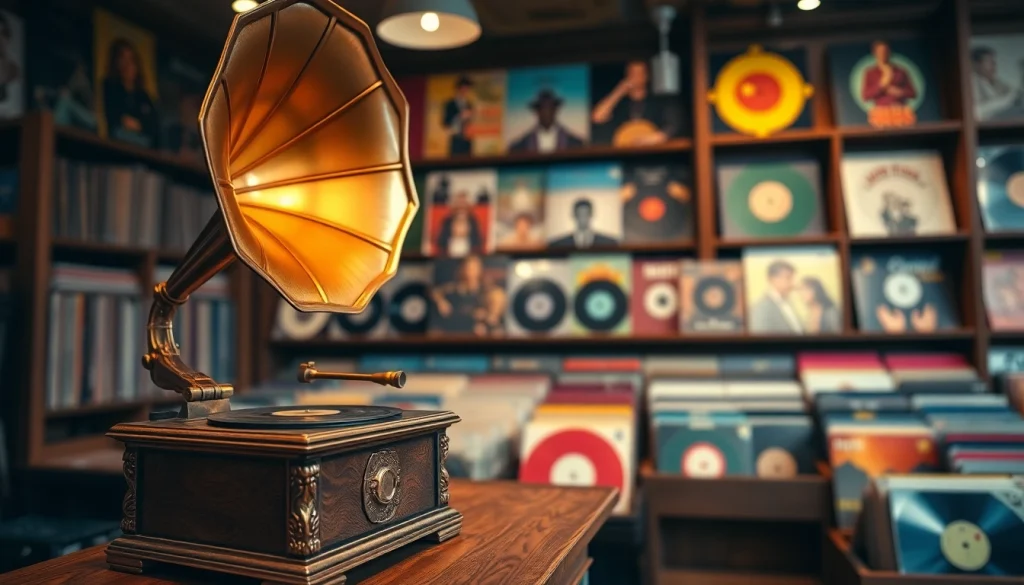 Showcasing gramaphone records in a charming vintage setting with detailed gramophone.