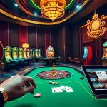 Exciting gambling scene featuring the GO8 platform with roulette and poker tables, vibrant slot machines, and online gaming interface.