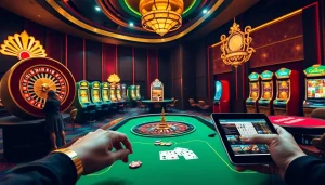 Exciting gambling scene featuring the GO8 platform with roulette and poker tables, vibrant slot machines, and online gaming interface.