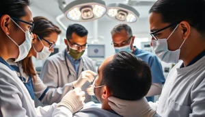 Engaged team performing hair transplant london in a modern, professional clinic setting.