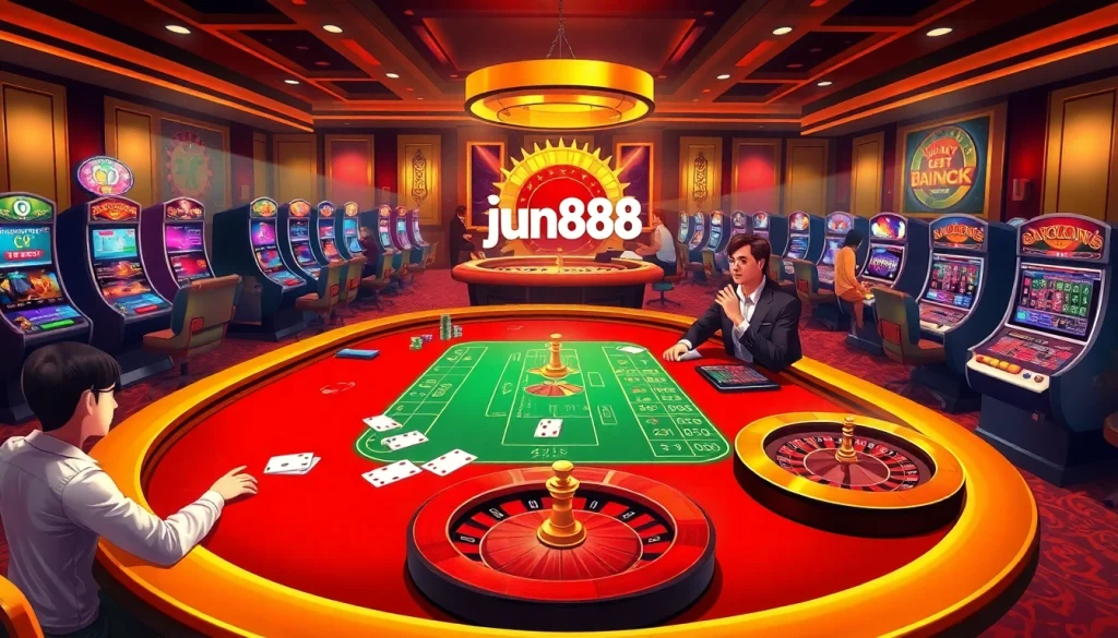 Experience thrilling gameplay at jun888 with vibrant casino tables and slot machines.