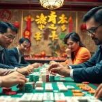 Menggambarkan permainan mahjong ways 2 di suasana tradisional dengan pemain yang fokus.