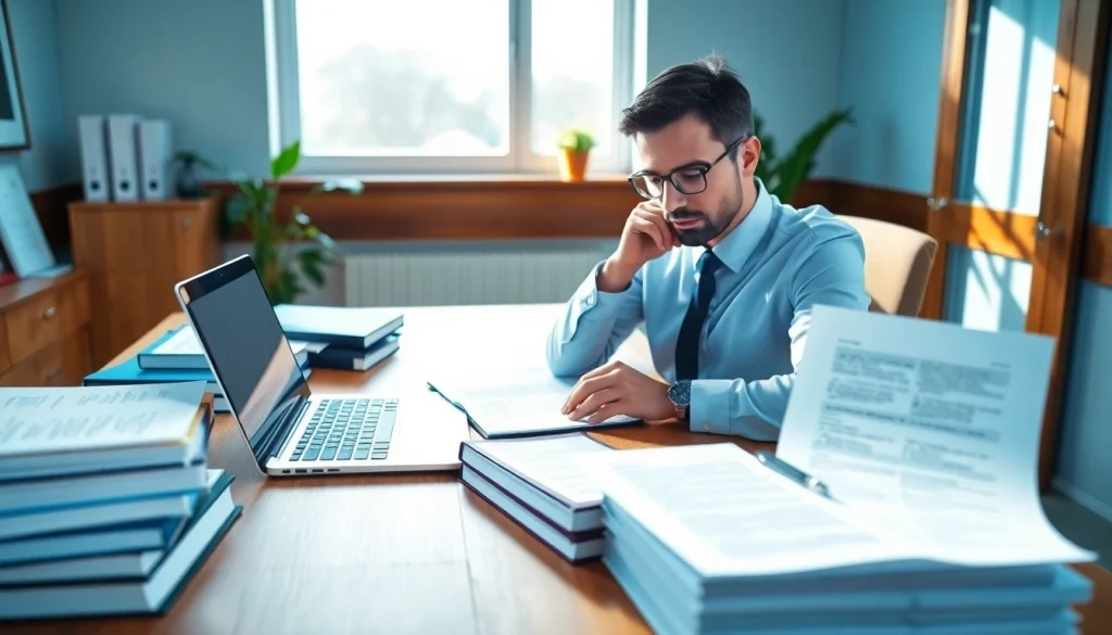Professional beëdigd vertaler immersed in translating legal documents in a serene office setting.