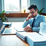 Professional beëdigd vertaler immersed in translating legal documents in a serene office setting.