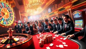 Gambling enthusiasts celebrating wins at "liên minh okwin" casino with roulette, poker, and vibrant slot machines.