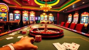 Play at Nhà cái MMOO with vibrant casino tables, cards, and roulette for an exciting gambling experience.
