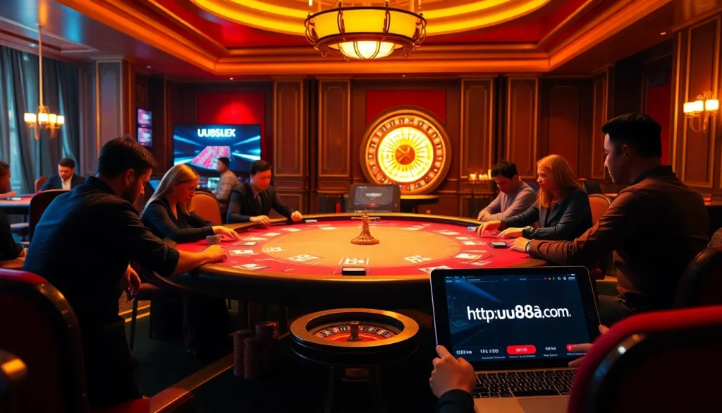 Players engaged in poker at a luxurious table, inspired by https://uu88ae.com/ for an immersive gaming experience.