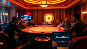 Players engaged in poker at a luxurious table, inspired by https://uu88ae.com/ for an immersive gaming experience.