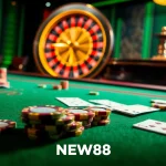 Experience the thrill of gambling at Nhà cái NEW88 with luxury casino visuals, including poker chips and roulette wheels.