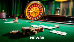 Experience the thrill of gambling at Nhà cái NEW88 with luxury casino visuals, including poker chips and roulette wheels.