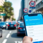 Check traffic fines using https://finecheck.cy on a smartphone displayed in a vibrant urban environment.