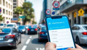 Check traffic fines using https://finecheck.cy on a smartphone displayed in a vibrant urban environment.