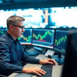Trader using hotforex mt4 platform at a modern workstation for forex trading.
