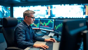 Trader using hotforex mt4 platform at a modern workstation for forex trading.