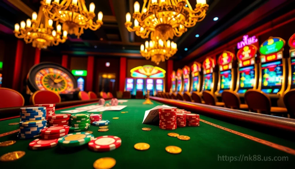 Engaging gambling scene featuring thrilling casino elements at https://nk88.us.com/ with poker chips and roulette wheel.
