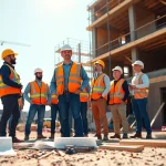 Engaged New Jersey General Contractor interacting with a diverse construction team at a job site.