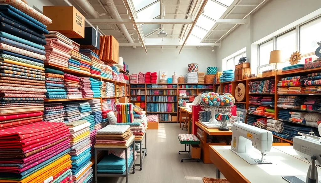 Stoffenwinkel met kleurrijke stoffen en fournituren voor creatief naaiwerk.