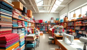 Stoffenwinkel met kleurrijke stoffen en fournituren voor creatief naaiwerk.