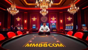 Experience the excitement of MM88COM with vibrant poker chips and a roulette wheel.