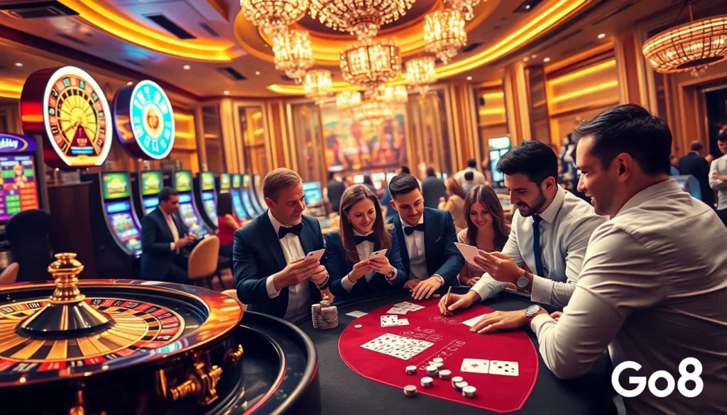 Experience the thrill of the Go8 casino with poker tables, roulette wheels, and vibrant slot machines.