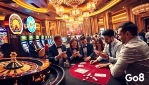 Experience the thrill of the Go8 casino with poker tables, roulette wheels, and vibrant slot machines.