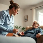Senior care austin tx with compassionate caregiver supporting a senior man in a cozy living room.