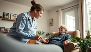 Senior care austin tx with compassionate caregiver supporting a senior man in a cozy living room.