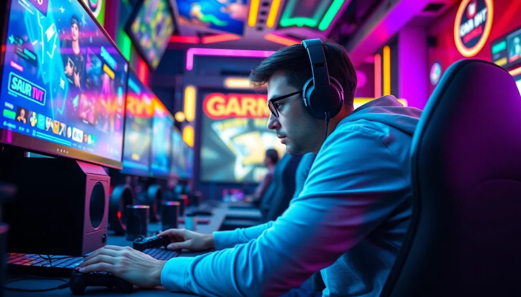 Petani toto bermain game online di lingkungan gaming yang dinamis dan penuh warna.