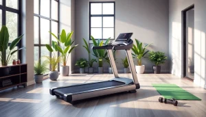 Walking pad treadmill manufacturer showcasing a modern home gym with sleek design and inviting atmosphere.