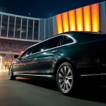 World Cup Group Transportation in a luxury limousine outside the stadium during a lively event.
