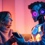 AI chat porn scenario: engaging interaction between user and AI character, colorful digital art.