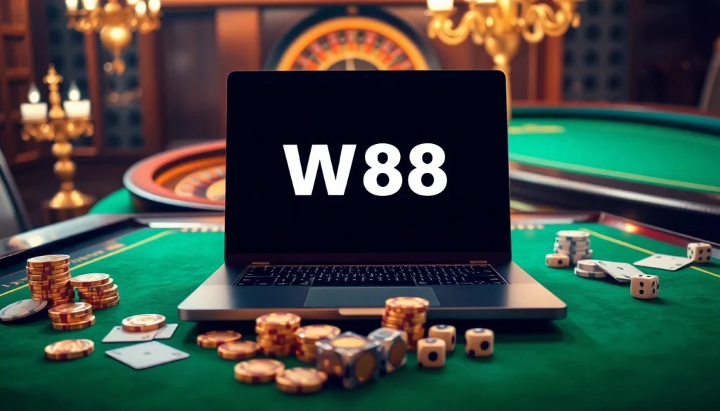Trải nghiệm sự hứng khởi cùng liên kết W88 ở một sòng bạc trực tuyến sang trọng, với chip bài poker và xúc xắc.