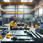 Technician working in a steel fabrication shop showcasing advanced tools and precision craftsmanship.