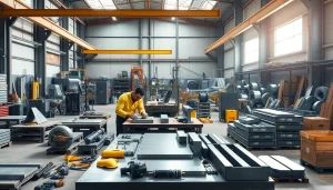 Technician working in a steel fabrication shop showcasing advanced tools and precision craftsmanship.